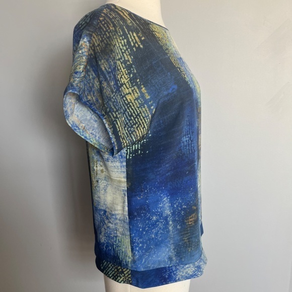 Lafayette‎ 148 Astract print Silk short sleeve Cocktail Blue Top Blouse T-shirt - Picture 2 of 11